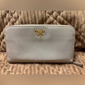 Prada Women's Brown/Grey/Beige Long Zip Wallet with Gold Accents